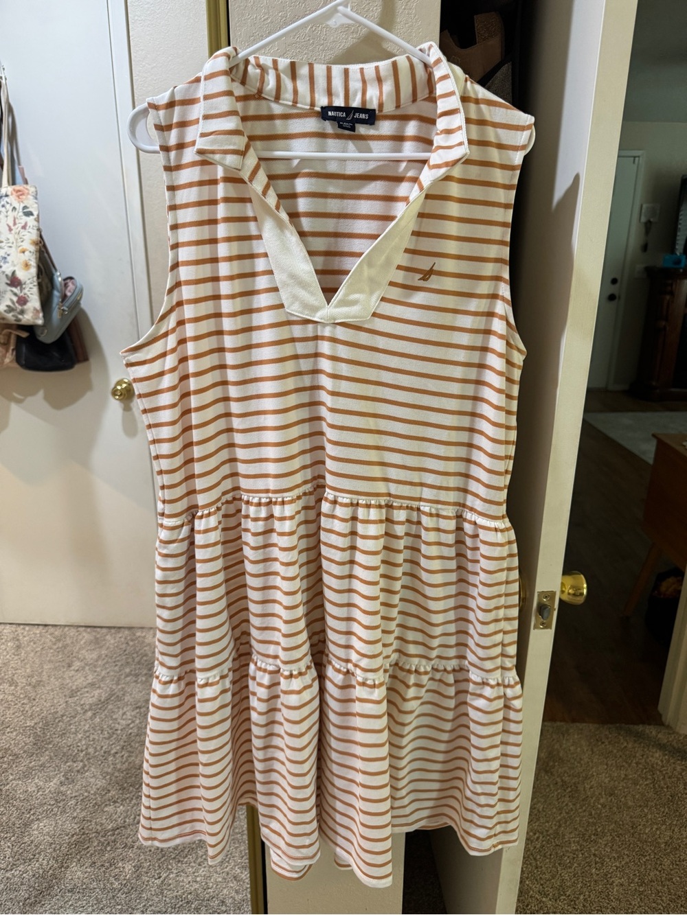 Nautica Striped Sleeveless Tiered Dress in Cream and Rust